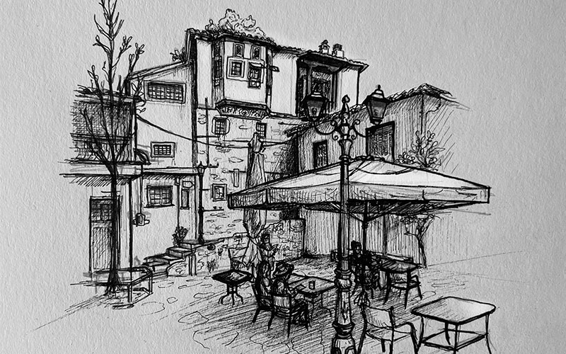 Ronnie Kommene drawing of terrace Greece